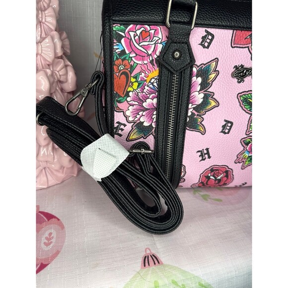 ED HARDY Pink Logo Tattoo Skull Hearts Print Satchel...